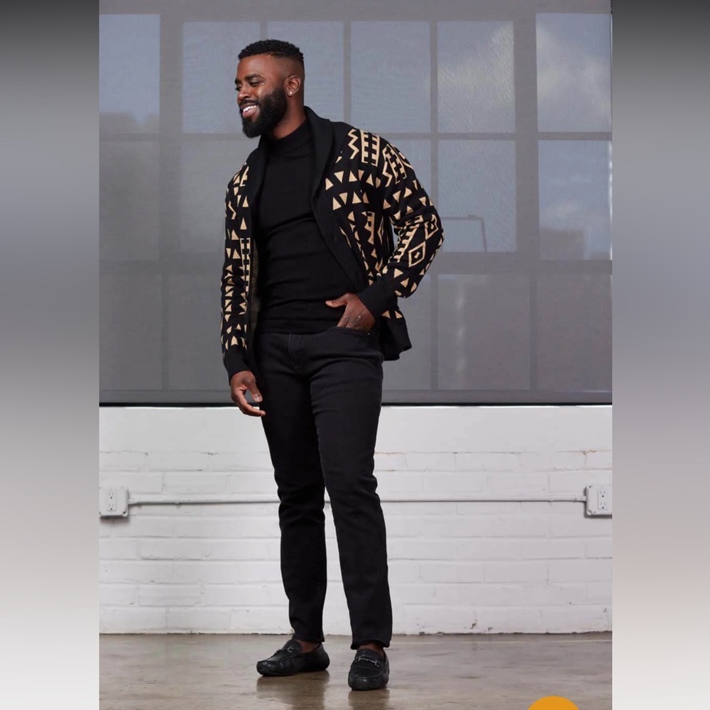 D'iyanu Mens Nwt Cardigan Sweater Sz 3xl African Print Black/Tan Geometric New — image 3 of 8